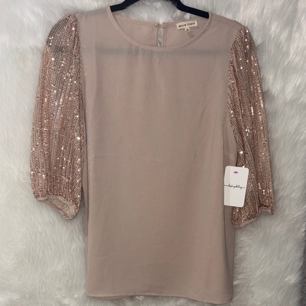 Main Strip Beige Top with Gold Sequin Sleeves